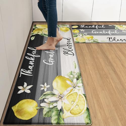Arttown Anti-Fatigue Kitchen Rug Set of 2, Waterproof Non-Slip, Lemon - color: Lemon Wood, size: 17.3 x 47 inch + 17.3 x 29 in