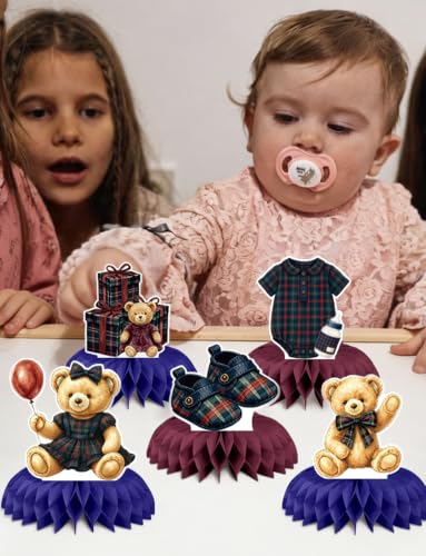 Teddy Bear Baby Shower Table Decorations, Tartan Plaid Centerpieces - style: Retro Bear