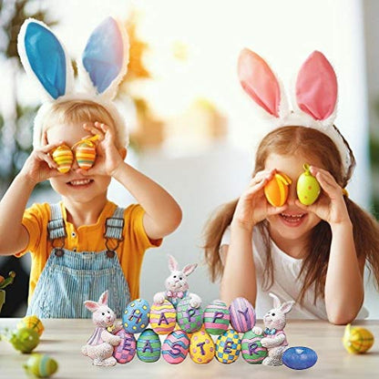 Gonetre Hand Painted Easter Eggs Bunny Tabletop Decor,Bunny Rejoice Table Top Centerpieces,Spring Easter Bunny Eggs Decorations Easter Indoor Home Decor Easter Eggs