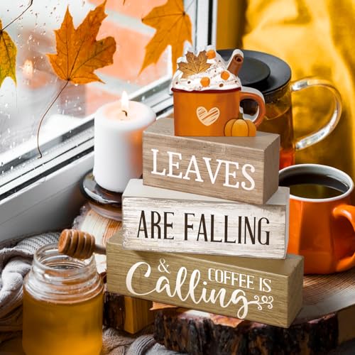 Lineshading 4 Pcs Fall Coffee Table Decor Wooden Pumpkin Latte Block Signs - style: Cow Home Eucalyptus