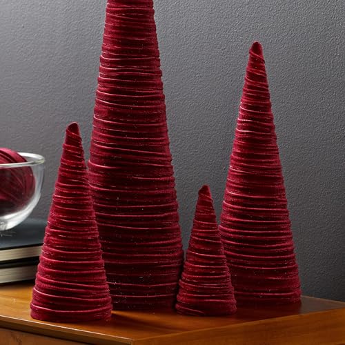 Set of 4 Burgundy Velvet Trees, Elegant Fabric Winter Mantel Decor, Luxurious Artisan Accent, Winter Valentine Tree, Centerpiece (Burgundy) - color: Burgundy