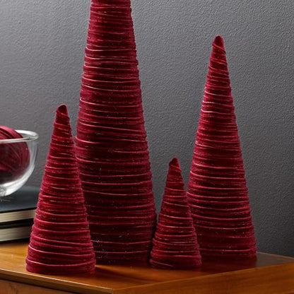 Set of 4 Burgundy Velvet Trees, Elegant Fabric Winter Mantel Decor, Luxurious Artisan Accent, Winter Valentine Tree, Centerpiece (Burgundy) - color: Burgundy