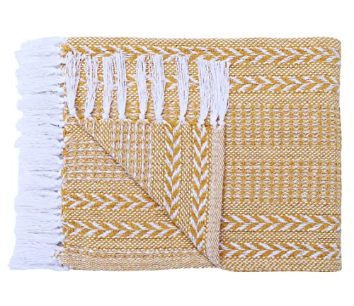 Cotton Throw Blanket - Rustic Ottoman Throw - Batik Chair Blanket Throw - Striped Throw Blanket with Fringe - Picnic Throw 50"x60" - Set of Two (Mustard) - color: Herringbone Mustard