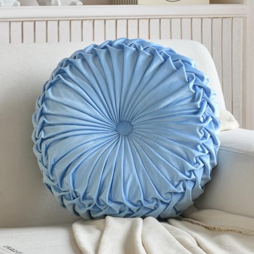 Teieas Round Throw Pillow Velvet Pleated Round Pillow Cushion Light Blue - color: Blue
