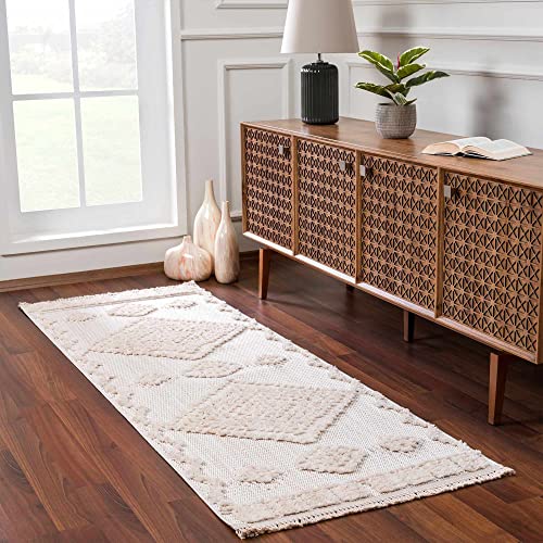 Hauteloom Thackeray Farmhouse Living Room Bedroom Modern Moroccan Medallion Runner Rug - Soft Shaggy High Low Carpet - High Pile - Bohemian, Boho - White, Beige, Cream - 2'7" x 7'3" - color: Cream / Rosales, size: 2'8" x 7'3" (Runner)