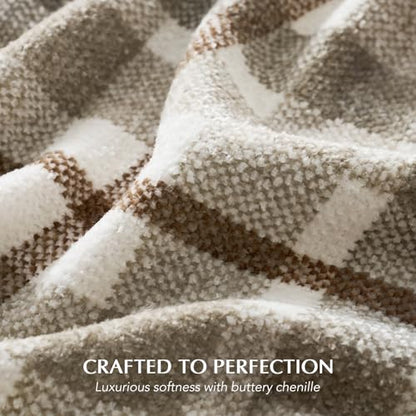 EverGrace Plaid Chenille Knit Throw Blanket for Couch, 50"x60", Beige - color: Plaid Beige & White, size: 50"x60"