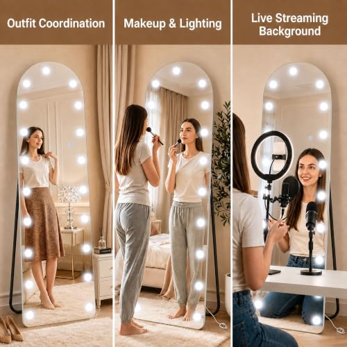 Arched Hollywood Full Length Mirror, 63"x20",Dimmable LED, 3 Color