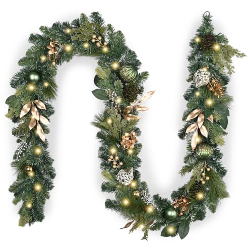 DecorbyHannah 9ft Gold Prelit Christmas Garland for Mantle with Lights - size: 9 ft