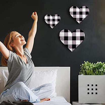 Jetec 3 Pcs Wood Heart Wall Decor Farmhouse Plaque, Black and White Plaid - style: Black and White Plaid