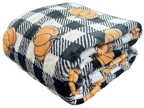 Fall Soft Fleece Throw Blanket, Black & White Gingham with Orange Pumpkins, - color: Plaid Pumpkins