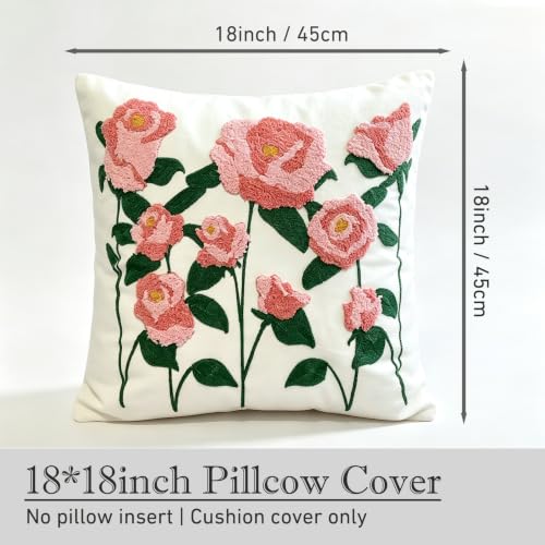 Rose Tulip Pink Floral Spring Embroidered Throw Pillow Cover 18x18 Set of 2 - color: Rose Pink