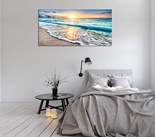 Baisuart S02250 Canvas Prints Wall Art Beach Sunset Ocean Waves Nature Pictures Stretched Canvas Wooden Framed for living Room Bedroom and Office - color: Sunset Waves, size: 40"L x 20"W