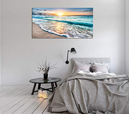 Baisuart S02262 Canvas Prints Wall Art Beach Sunset Ocean Waves Nature Pictures Stretched Canvas Wooden Framed for living Room Bedroom and Office - color: Sunset Waves, size: 48"L x 24"W