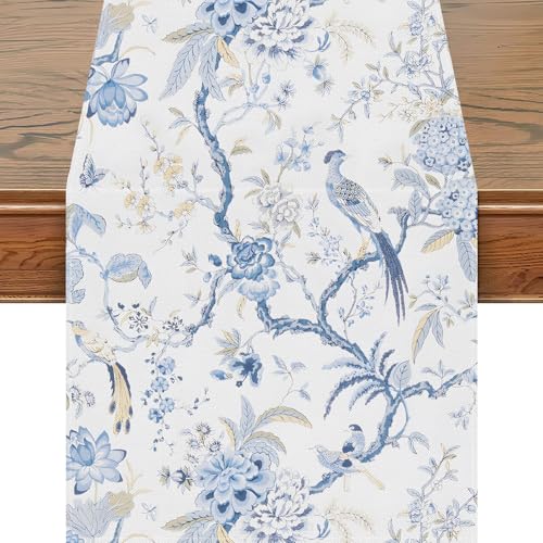 Snycler 13x48 Inch Table Runner Blue White Bird Flower Chinoiserie Table Runners Modern Elegant Luxury Farmhouse Geometric Table Center White Linen Decor for Home Dining Party Entrance - color: Chinoiserie #1, size: 13" x 48"