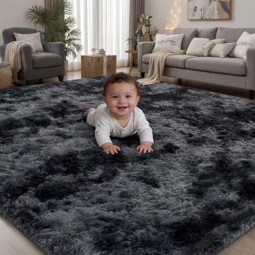 PLHXFR 4x6 Area Rugs Living Room: Fluffy Bedroom Soft Shag Rug Black Grey - color: Tie-dyed Dark Grey, size: 4' x 6' (Rectangular)