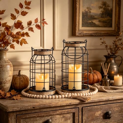 Rustic Farmhouse Candle Lantern, 2Pcs Decorative Lantern Decor with Candles
