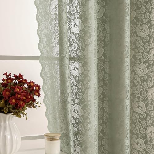 Boho Floral Lace Sheer Curtains, 52x84 Sage Green, Grommet Panels - color: Green, size: 52"W x 84"L (Pack of 2)