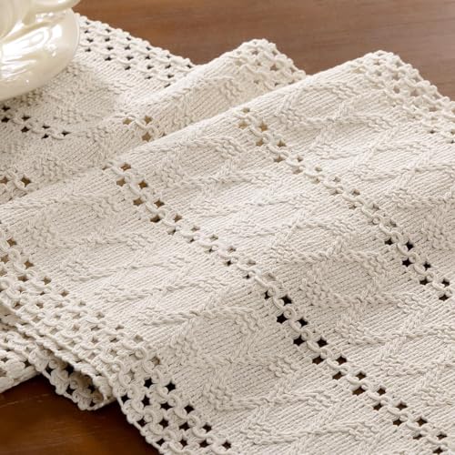 Beige Woven Table Runner Cotton Linen Boho with Tassels 11"×60" - color: Beige, size: 11" × 60"