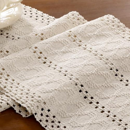 Beige Woven Table Runner Cotton Linen Boho with Tassels 11"×90" - color: Beige, size: 11" × 90"