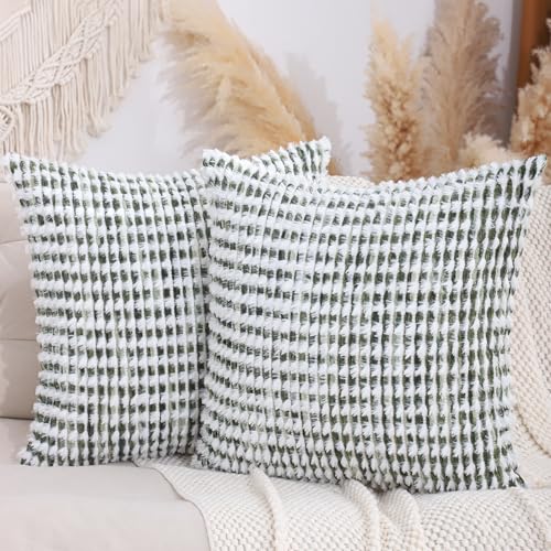 LUOYEHK Boho Throw Pillow Covers 22x22 Inch Set of 2 Chenille Tufted Pillowcase Farmhouse Neutral Cushion Covers for Couch Sofa Bed Living Room, Green White - color: Green White, size: 22" x 22" (Pack of 2)