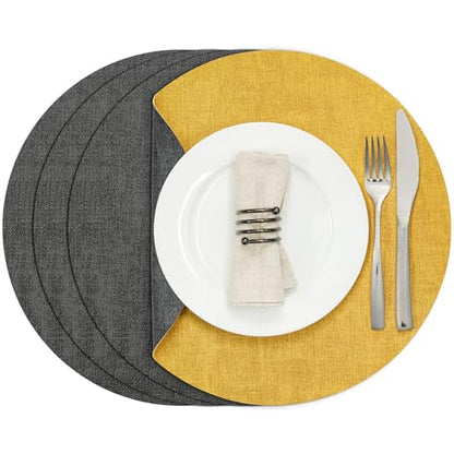 Myir JUN 14" Round Placemats Set of 4, Reversible Dual-Color Place Mats - color: Gray Yellow