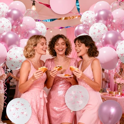 Patimate Pink Bow Balloons Set 50 pcs 12 inch Pink White Print Balloon Kit - color: Pink White Bow