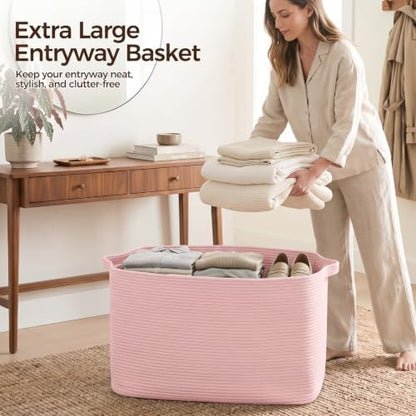 OIASKET 95L Extra Large Blanket Basket, 24" x 16.9" x 14.2" Woven Basket - color: Pink, size: 24"x16.9"x14.2"