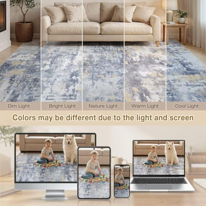 cotiled 10x14 Area Rugs Living Room: Washable Abstract Rug Blue Gold - color: Blue/Gold, size: 10' x 14' (Rectangular)