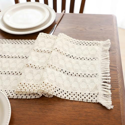 Simple&Opulence Boho Macrame 100% Cotton Table Runner - 12 x 90 Inch, Woven Farmhouse Table Runner with Fringed Edges for Bohemian Rustic Wedding, Bridal Shower, Dinner （White） - size: 12"x90", style: Cotton /white