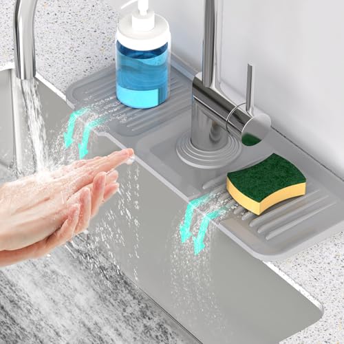 14.6'' Faucet Mat for Kitchen Sink [5°Slope Fast Self-draining] Kitchen Sink Splash Guard Silicone Kitchen Sink Faucet Mat Splash Guard for Kitchen Sink Area Tidy Splash Faucet Guard Draining Mat - color: Gray, size: 14.6" x 5.5"