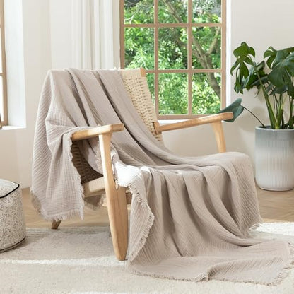 MooMee 100% Cotton Muslin Blanket, Fringed 4-Layer Gauze Bed Couch Throw - color: Cream Grey, size: Throw
