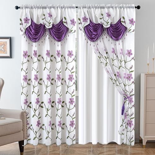 Petrichor Embroidered Sheer Curtain 2 Panels Set - Luxury Window Curtain Attached Valance with Satin Backing and 2 Tie Backs for Living Room,Dining Room, 54x63 inches,Lavender - color: Lavender, size: 54"W x 63"L (Pack of 1)