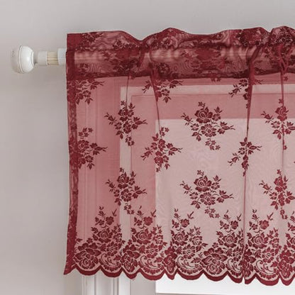 Kotile Burgundy Lace Valance for Windows Rustic Floral W52xL18 Inch 1 Panel - color: Burgundy