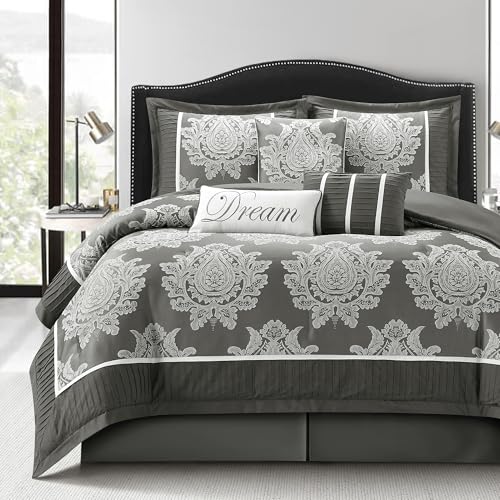 LANCO MODERN LIFESTYLE Grey Queen Comforter Set 7 Pieces, Jacquard Woven with Damask, Bedding Set in a Bag Includes Comforter, Bed Skirt, Pillow Shams, and Decorative Pillows - color: Grey, size: Queen