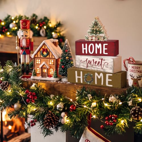 Cinnvoice 4 Pcs Red Christmas Tree Wooden Home Sweet Home Block Shelf Decor - style: Christmas Tree