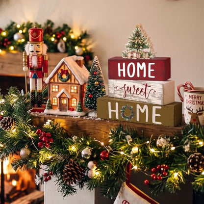 Cinnvoice 4 Pcs Red Christmas Tree Wooden Home Sweet Home Block Shelf Decor - style: Christmas Tree