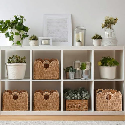 Leinuosen 4 Packs Scalloped Wicker Storage Basket Paper Rope Pantry Baskets for Shelves Organizing Toilet Paper Foldable Rattan Cube Storage Bins Boho Organizer Bins for Home, 13 x 11 x 7.9 Inches
