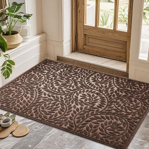 Bulijojo Front Door Mat Entrance,Durable Heavy Duty Welcome Mat,Thick Absorbent Natural Rubber Non Slip Mat,Sturdy Entryway Brown 47"x32" - color: Brown, size: 2'8" x 3'11" (Leaf)