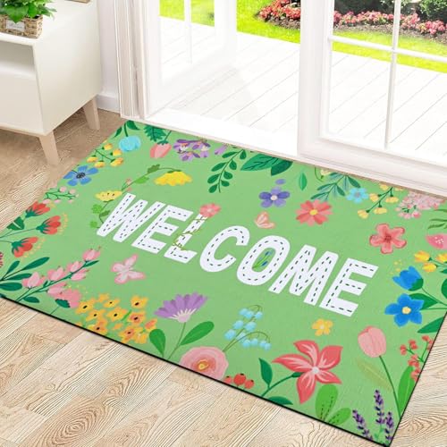 Likiyol Floral Door Mat Outside Entrance, Colorful Flower Welcome Mat Front Door Mats Non Slip Spring Doormat Outdoor Indoor Entrance, Low Profile, Absorbent, 18" x 30", Green - color: Green, size: 1'6" x 2'6" (Rectangular)