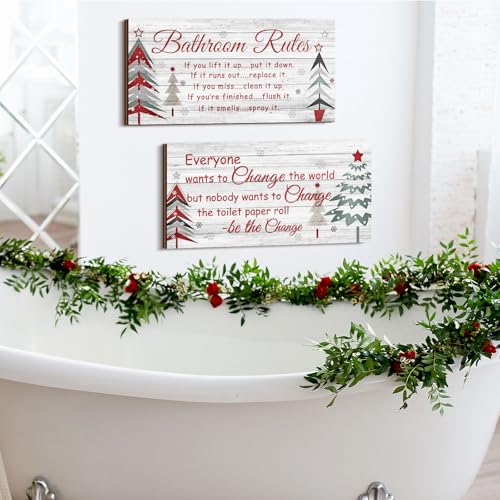 Jetec 2 Pcs Christmas Bathroom Decor Wooden Sign 12 x 6 Inch - style: Christmas Style