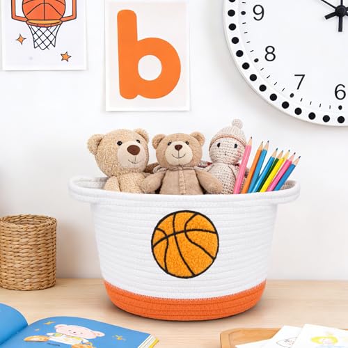 Basketball Storage Basket, Woven Basket with Handle Small Laundry Basket Organizer for Baby Shower, Blanket, Shelf, Cat Dog Toy Organizer, Gifts Empty, 9"x7" Baskets for Organizing - color: Basketball