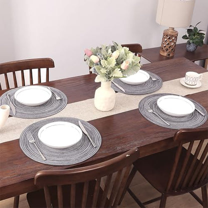 SHACOS Round Braided Placemats Set of 6 Round Table Mats 15 inch Cotton Washable for Holiday Party (Black Gray, 6) - color: Black Gray, size: Set of 6