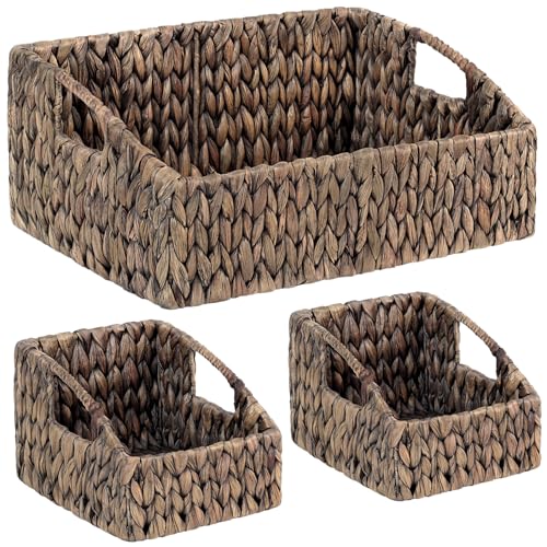 Set of 3 Handwoven Storage Baskets – Decorative Natural Wicker Organizer Bins with Built-in Handles for Bathroom, Kitchen, Pantry, Nursery, Closet, Laundry, Living Room, and Home Use - color: Espresso