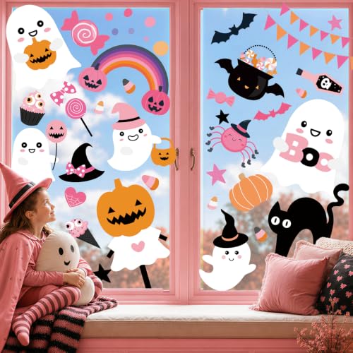 Pink Halloween Window Clings Stickers Decor for Kids Cute Decal Decorations - color: Pink Halloween