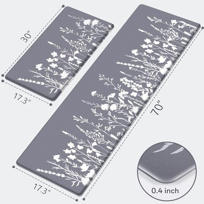 Kitchen Mats for Floor, 2-Piece Anti-Fatigue Kitchen Rugs, Grey - size: 17.3" x 30"+17.3" x 70"-0.4 inch