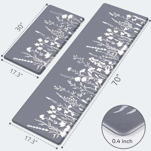 Kitchen Mats for Floor, 2-Piece Anti-Fatigue Kitchen Rugs, Grey - size: 17.3" x 30"+17.3" x 70"-0.4 inch