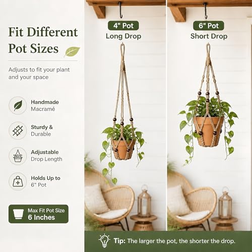 Macrame Plant Hanger 23", Set of 2 No Tassel Hanging Plant Holder Indoor, Sturdy Flower Pot Holder with Hooks - Brown (Pot NOT Included) - color: Brown, size: 23"-2pcs