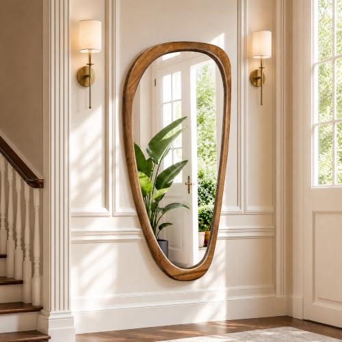 48" x 22" Asymmetrical Mirror, Solid Wood Frame, Irregular Design - color: Brown, size: 48"L x 22"W