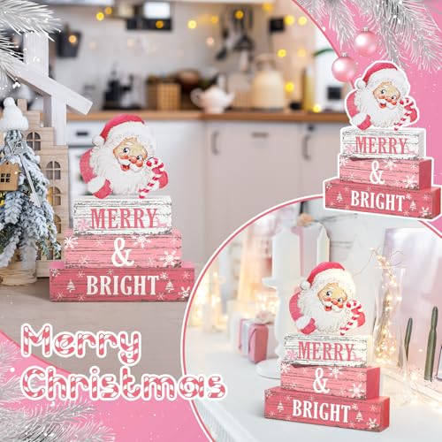 Geelin 4 Pcs Christmas Santa Wooden Table Decor Pink Winter Tiered Decor - style: Santa