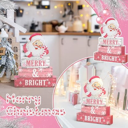 Geelin 4 Pcs Christmas Santa Wooden Table Decor Pink Winter Tiered Decor - style: Santa